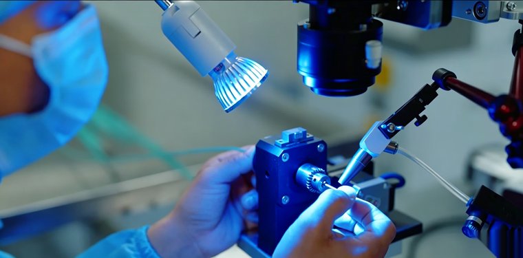 PURETH technician assembling a fine device component under a magnified microscope in blue light