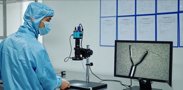 PURETH engineer inspecting a device on a monitor through a digital inspection microscope