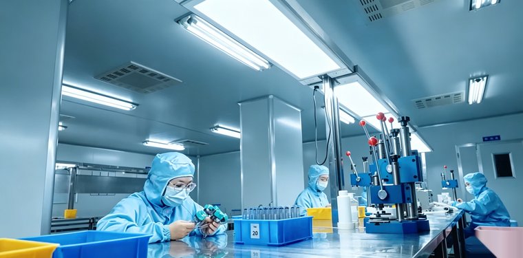 PURETH technicians assembling endoscopic instruments on a cleanroom production line