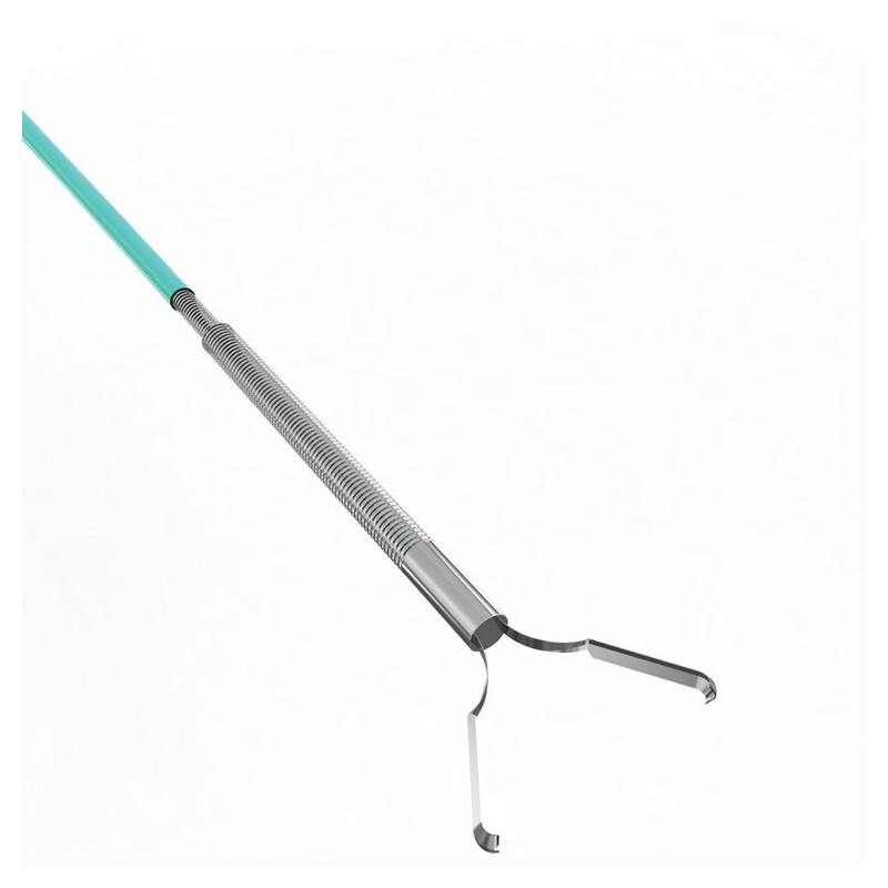Disposable hemoclip — two-prong metallic clip jaws and coiled delivery sheath